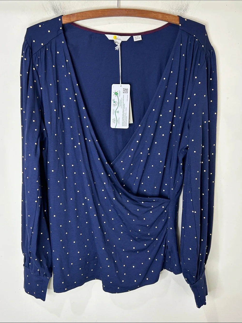 NWT BODEN Blouson Wrap Top Navy blue Gold Polka Dot Size 16/18